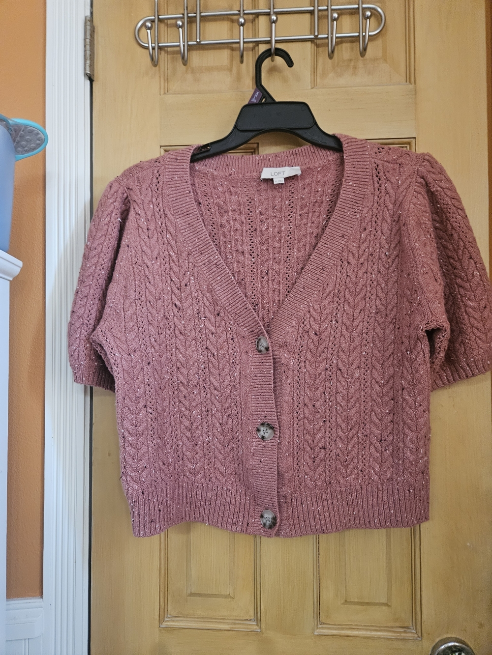 LOFT Dusty Rose Short-Sleeve Cable Knit Cardigan